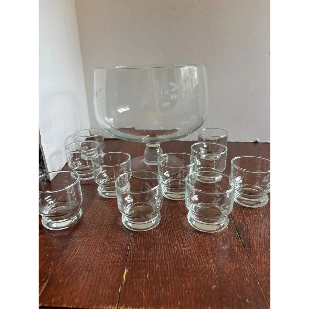 Princess House Heritage Etched Glass Punch Bowl Set with 10 Cups Floral‎ Vintage